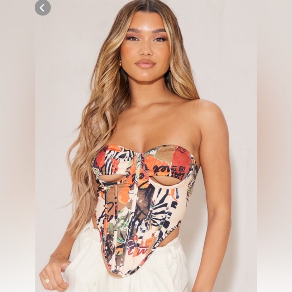 PLT- Woven Print Cut Out Lace Up Corset in Brown